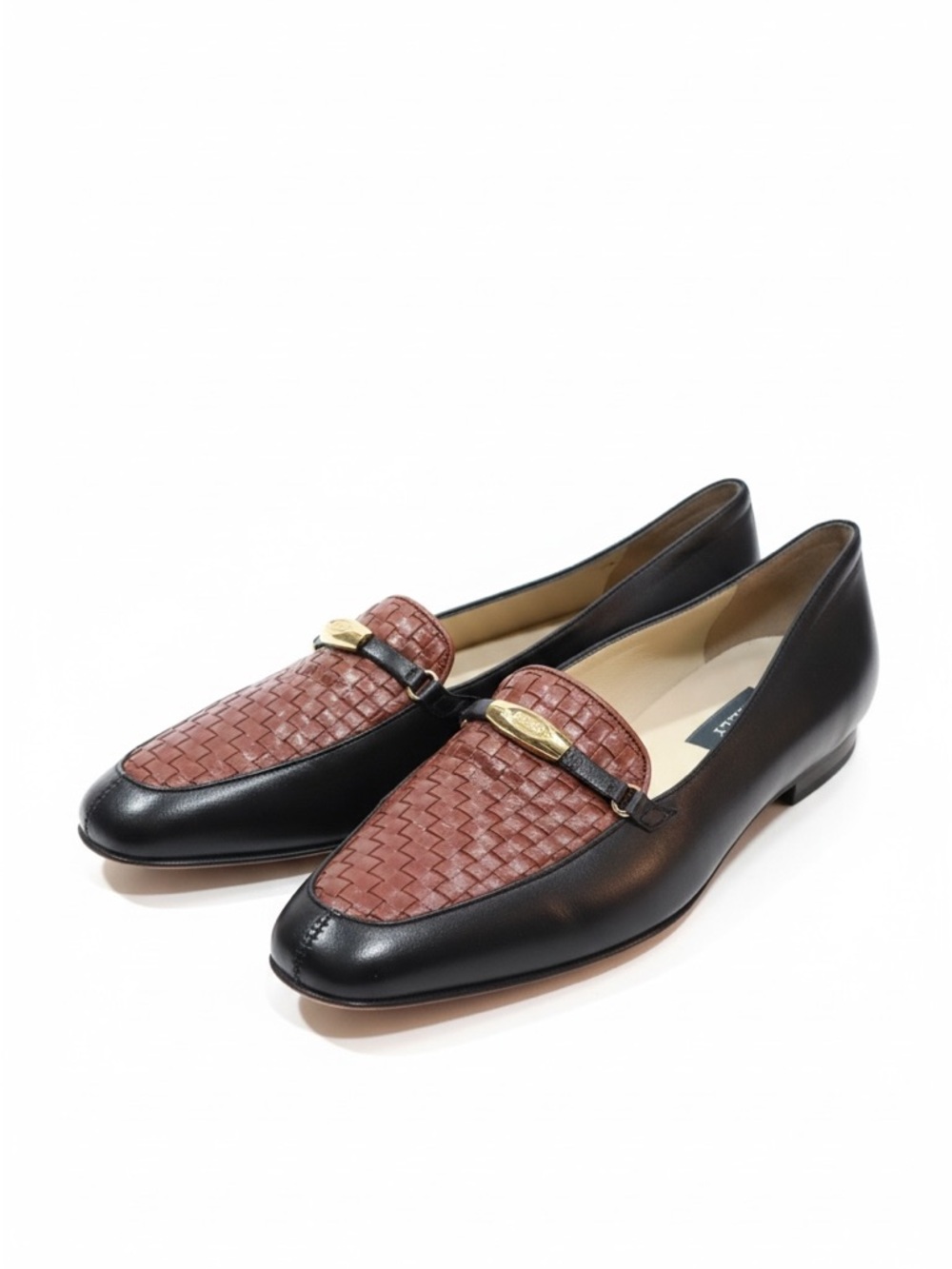 Bally Italy Woven Leather Loafers Black Brown Gold Hardware Size 10
